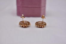 Load image into Gallery viewer, Vintage 14K Yellow Gold Oval Ruby and Diamond Double Halo Midcentury Earrings