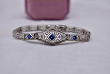 Load image into Gallery viewer, Vintage Art Deco 14K White Gold Filigree Bracelet, Sapphire Glass,
