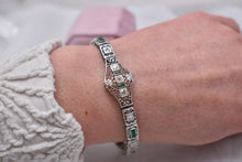 Load image into Gallery viewer, Vintage Art Deco 14K White Gold Filigree Bracelet, Old European Cut Diamonds, Emerald Glass