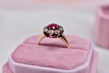 Load image into Gallery viewer, RESERVED LISTING Not For Sale Vintage Victorian 14K Yellow gold Natural Oval Ruby & Old Mine Cut Diamond Halo Ring