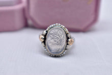 Load image into Gallery viewer, Vintage 14K White Gold Art Deco Filagree Glass Cameo & Seed Pearl Halo Ring