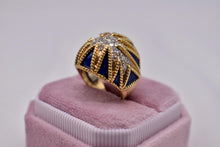 Load image into Gallery viewer, Vintage 18K Yellow Gold Diamond and Blue Enamel Large Statement Ring