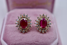 Load image into Gallery viewer, Vintage 14K Yellow Gold Oval Ruby and Diamond Double Halo Midcentury Earrings