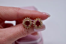 Load image into Gallery viewer, Vintage 14K Yellow Gold Oval Ruby and Diamond Double Halo Midcentury Earrings