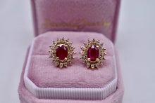 Load image into Gallery viewer, Vintage 14K Yellow Gold Oval Ruby and Diamond Double Halo Midcentury Earrings
