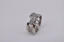 Load image into Gallery viewer, Beautiful Vintage Authentic Pre Loved TCO 18K White Gold Three Stone Diamond "Atlas" Open Roman Numeral Diamond Ring