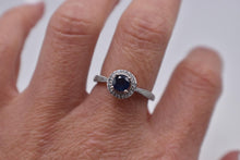 Load image into Gallery viewer, Vintage 10K White Gold Halo Sapphire and Diamond Ring