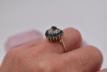 Load image into Gallery viewer, 14K Yellow gold Vintage Fancy Cut Statement Sapphire and Diamond Double Halo Heart Ring
