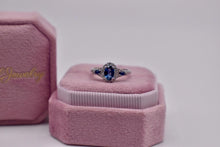 Load image into Gallery viewer, Vintage 10K White Gold Oval Cut Natural Sapphire and Diamond Halo Ring