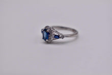 Load image into Gallery viewer, Vintage 10K White Gold Oval Cut Natural Sapphire and Diamond Halo Ring