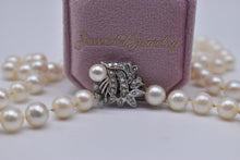 Load image into Gallery viewer, Vintage 14K White Gold Art Deco Rare 0.40cts Diamond Clasp 33.5 Inch High Quality Shell Pearls 8mm White Pearl Necklace Strand