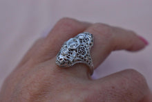 Load image into Gallery viewer, Vintage Art Deco 19K White Gold Filigree Diamond Navette Style Ring