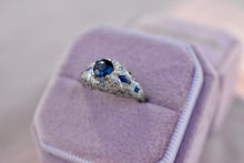 Load image into Gallery viewer, 18K White Gold Vintage Art Deco Unique Shape Sapphire Accented Old Cut Natural Sapphire Engagement Ring