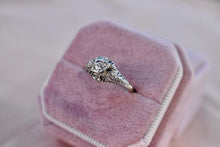 Load image into Gallery viewer, 18K White Gold Art Deco Transitional Cut Diamond Three Stone Filigree Belais Engagement Ring