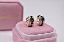 Load image into Gallery viewer, Vintage 18K Yellow Gold Natural Sapphire & Diamond Channel Set Three Row Huggie Hoop Earrings