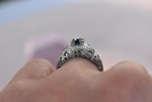 Load image into Gallery viewer, 18K White Gold Vintage Art Deco Unique Shape Sapphire Accented Old Cut Natural Sapphire Engagement Ring