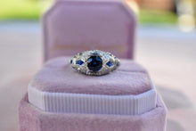 Load image into Gallery viewer, 18K White Gold Vintage Art Deco Unique Shape Sapphire Accented Old Cut Natural Sapphire Engagement Ring