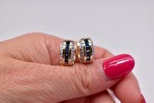 Load image into Gallery viewer, Vintage 18K Yellow Gold Natural Sapphire & Diamond Channel Set Three Row Huggie Hoop Earrings