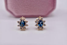 Load image into Gallery viewer, Vintage 14K Yellow Gold Oval Natural Sapphire & Diamond Screw Back Halo Earrings