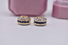 Load image into Gallery viewer, Vintage 18K Yellow Gold Natural Sapphire & Diamond Channel Set Three Row Huggie Hoop Earrings