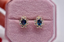 Load image into Gallery viewer, Vintage 14K Yellow Gold Oval Natural Sapphire & Diamond Screw Back Halo Earrings