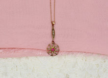Load image into Gallery viewer, 10K Rose Gold Victorian Seed Pearl and Ruby Lavalier Floral Necklace