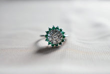 Load image into Gallery viewer, 14K White Gold Vintage Emerald & Diamond Double Halo Ring