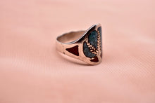 Load image into Gallery viewer, Antiqued Sterling Silver Turquoise & Carnelian Inlayed Ring
