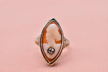 Load image into Gallery viewer, Vintage 14K White Gold Art Deco Filagree Shell Cameo & Diamond Ring