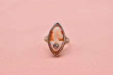 Load image into Gallery viewer, Vintage 14K White Gold Art Deco Filagree Shell Cameo & Diamond Ring