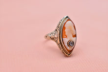 Load image into Gallery viewer, Vintage 14K White Gold Art Deco Filagree Shell Cameo & Diamond Ring