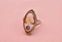 Load image into Gallery viewer, Vintage 14K White Gold Art Deco Filagree Shell Cameo & Diamond Ring