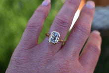 Load image into Gallery viewer, Custom Made 14K Yellow Gold Lab Grown Emerald Cut Diamond Bezel Split Shank Engagment Ring
