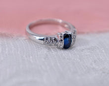 Load image into Gallery viewer, Vintage 18K White Gold Unique Oval Cut Sapphire and Diamond Ring
