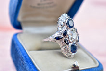 Load image into Gallery viewer, Reserved Listing Second Payment Vintage Art Deco 18K White Gold Filigree Diamond and Sapphire Shield Style Ring
