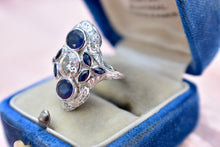 Load image into Gallery viewer, Reserved Listing Second Payment Vintage Art Deco 18K White Gold Filigree Diamond and Sapphire Shield Style Ring
