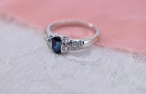 Vintage 18K White Gold Unique Oval Cut Sapphire and Diamond Ring