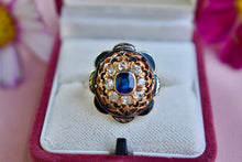 Load image into Gallery viewer, Reserved Listing First Payment Victorian 14K Gold Old Mine Diamond &amp; Sapphire Enamel Ring
