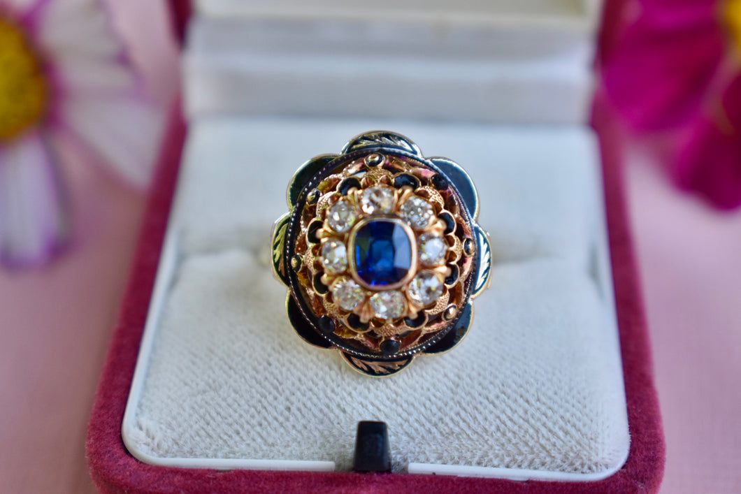 Reserved Listing First Payment Victorian 14K Gold Old Mine Diamond & Sapphire Enamel Ring