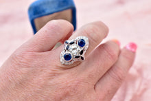 Load image into Gallery viewer, Reserved Listing Second Payment Vintage Art Deco 18K White Gold Filigree Diamond and Sapphire Shield Style Ring
