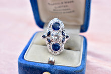 Load image into Gallery viewer, Reserved Listing Second Payment Vintage Art Deco 18K White Gold Filigree Diamond and Sapphire Shield Style Ring
