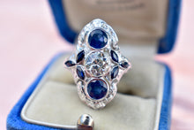 Load image into Gallery viewer, Reserved Listing Second Payment Vintage Art Deco 18K White Gold Filigree Diamond and Sapphire Shield Style Ring
