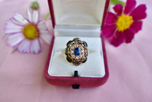 Load image into Gallery viewer, Reserved Listing First Payment Victorian 14K Gold Old Mine Diamond &amp; Sapphire Enamel Ring
