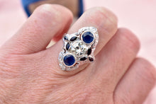 Load image into Gallery viewer, Reserved Listing Second Payment Vintage Art Deco 18K White Gold Filigree Diamond and Sapphire Shield Style Ring
