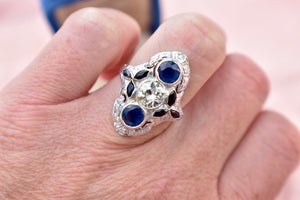 Reserved Listing Second Payment Vintage Art Deco 18K White Gold Filigree Diamond and Sapphire Shield Style Ring