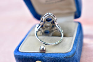 Reserved Listing Second Payment Vintage Art Deco 18K White Gold Filigree Diamond and Sapphire Shield Style Ring