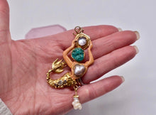 Load image into Gallery viewer, Reserved Listing Antique Victorian Solid 19 Karat Yellow Gold Rare Artisan Merman Pendant with  Natural Pearls &amp; Table Cut Diamonds
