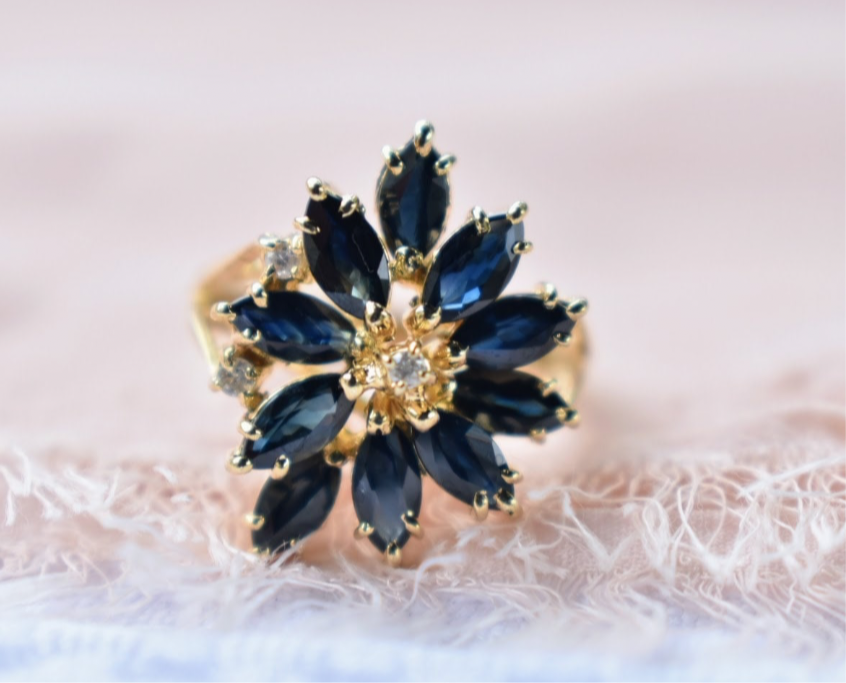 Customs Fees for Vintage 14K Yellow Gold Sapphire and Diamond Cocktail Statement Ring