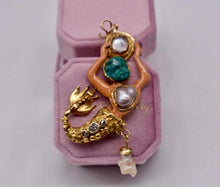 Load image into Gallery viewer, Reserved Listing Antique Victorian Solid 19 Karat Yellow Gold Rare Artisan Merman Pendant with  Natural Pearls &amp; Table Cut Diamonds
