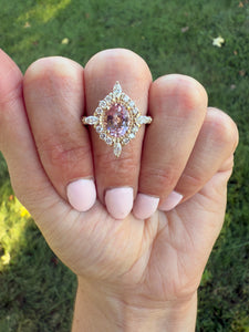 Custom Made 14K Yellow Gold Oval Morganite & Diamond Halo Engagement Ring